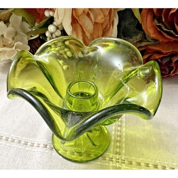 Viking Glass Epic Green Glass Mid-Century Candle Holder 3.5 Inches - Picture 5 of 6
